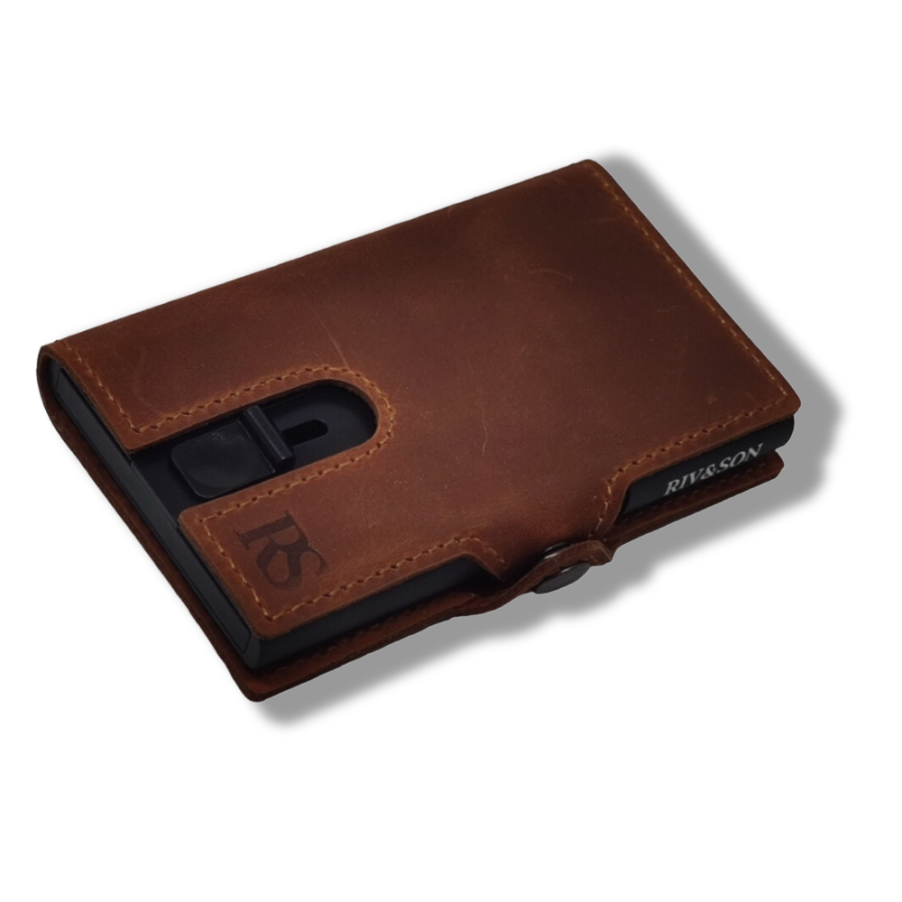 "OTTAWA" Porte-cartes en Cuir Vintage Camel et aluminium.