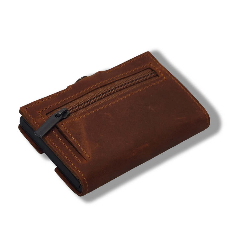 "OTTAWA" Porte-cartes en Cuir Vintage Camel et aluminium.