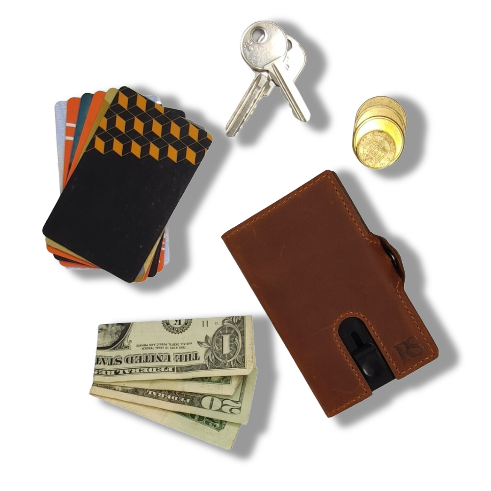 "OTTAWA" Porte-cartes en Cuir Vintage Camel et aluminium.