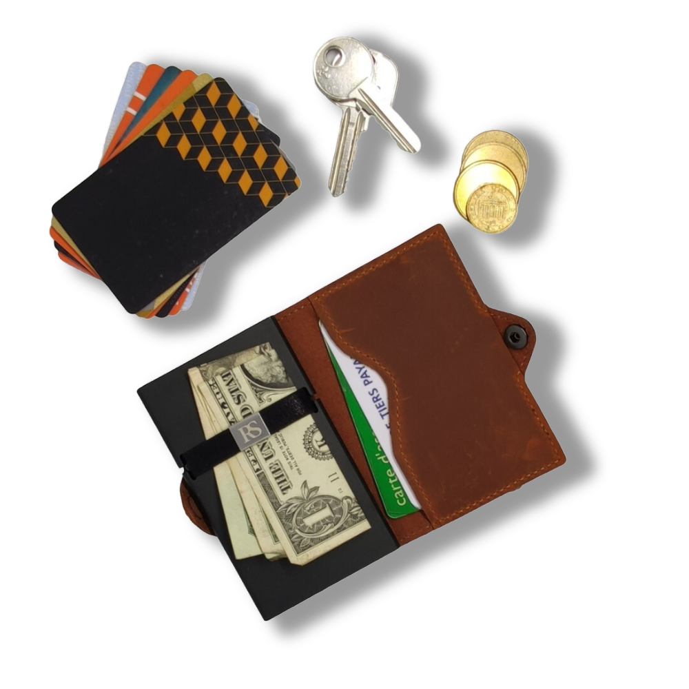 "OTTAWA" Porte-cartes en Cuir Vintage Camel et aluminium.