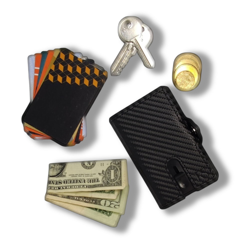 "PARIS" Porte-cartes Simili cuir effet Carbone Noir et aluminium.