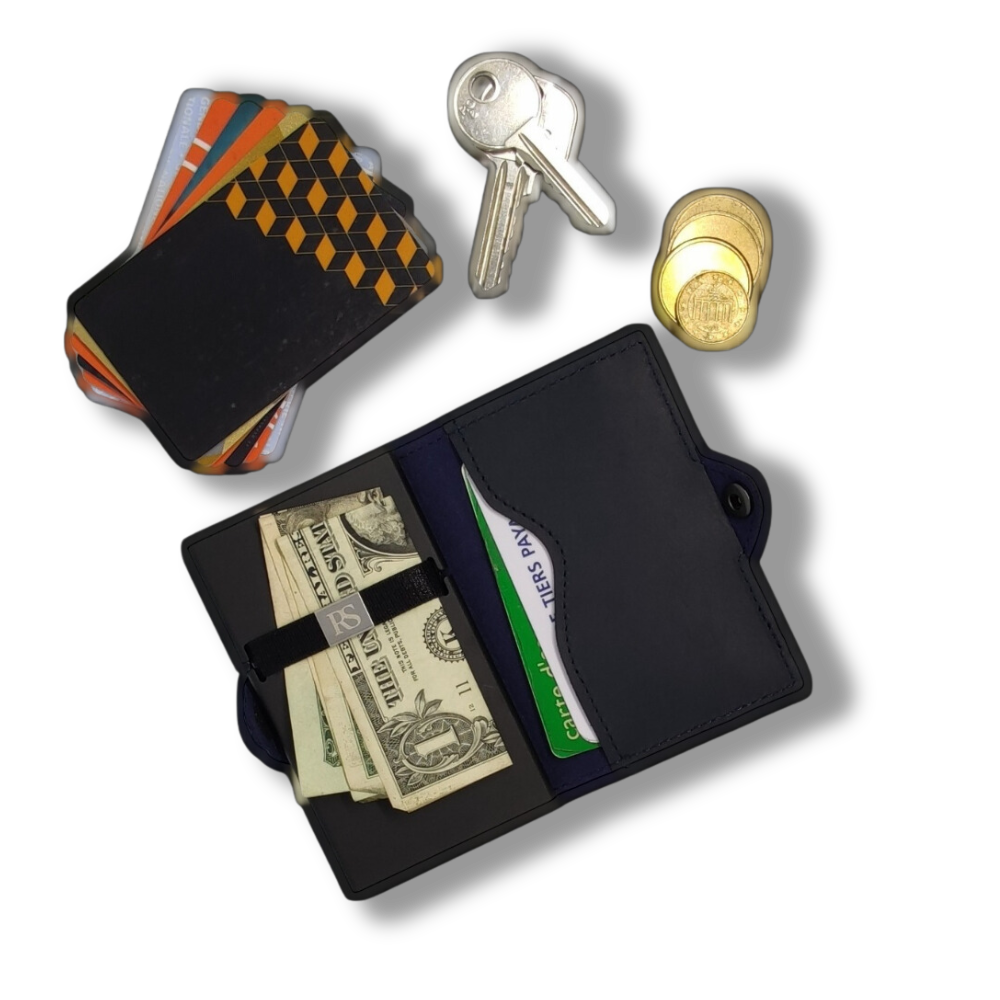 "DUBLIN" Porte-cartes en Cuir Véritable Bleu et aluminium.