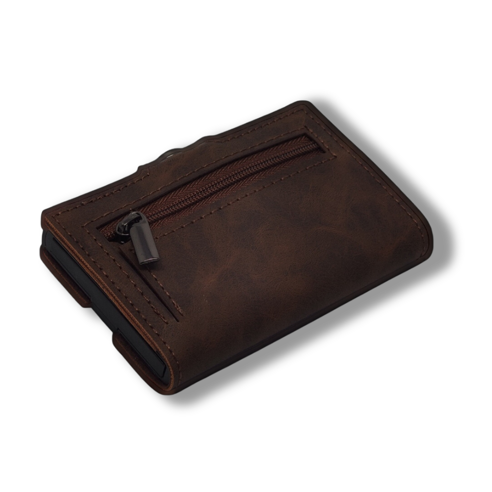 "MONACO" Porte-cartes en Cuir Vintage Marron et aluminium.