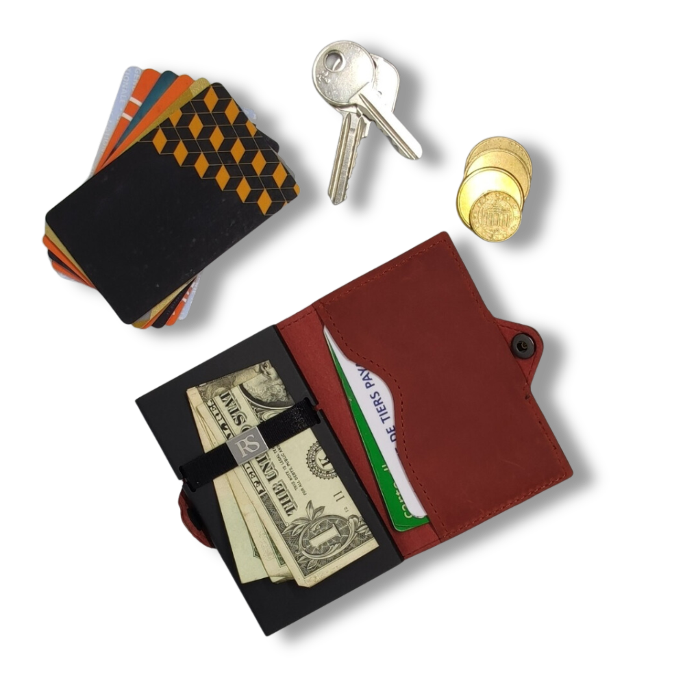 "ATHÈNES" Porte-cartes en Cuir Véritable Rouge et aluminium.