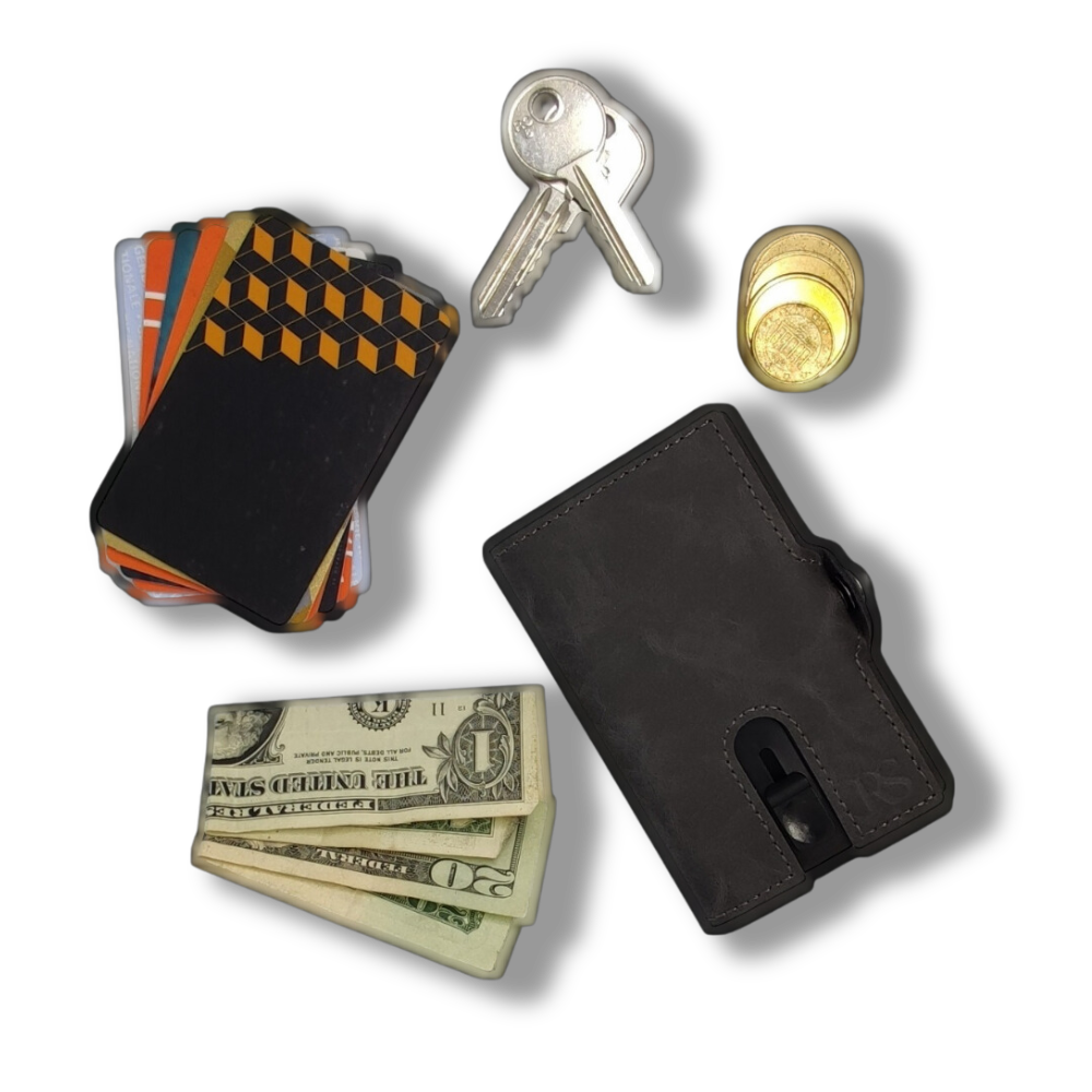 "OSLO" Porte-cartes en Cuir Vintage Gris et aluminium.