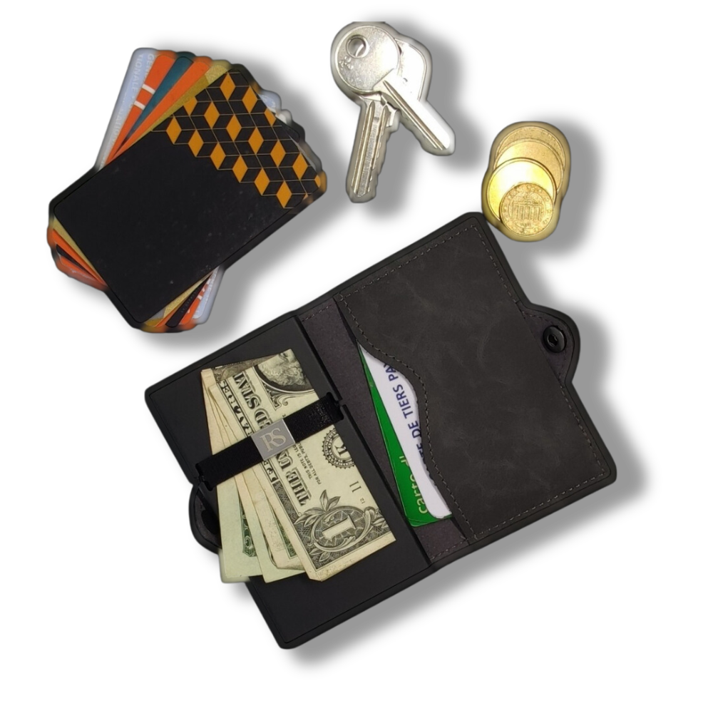 "MADRID" Porte-cartes en Cuir Vintage Noir et aluminium.