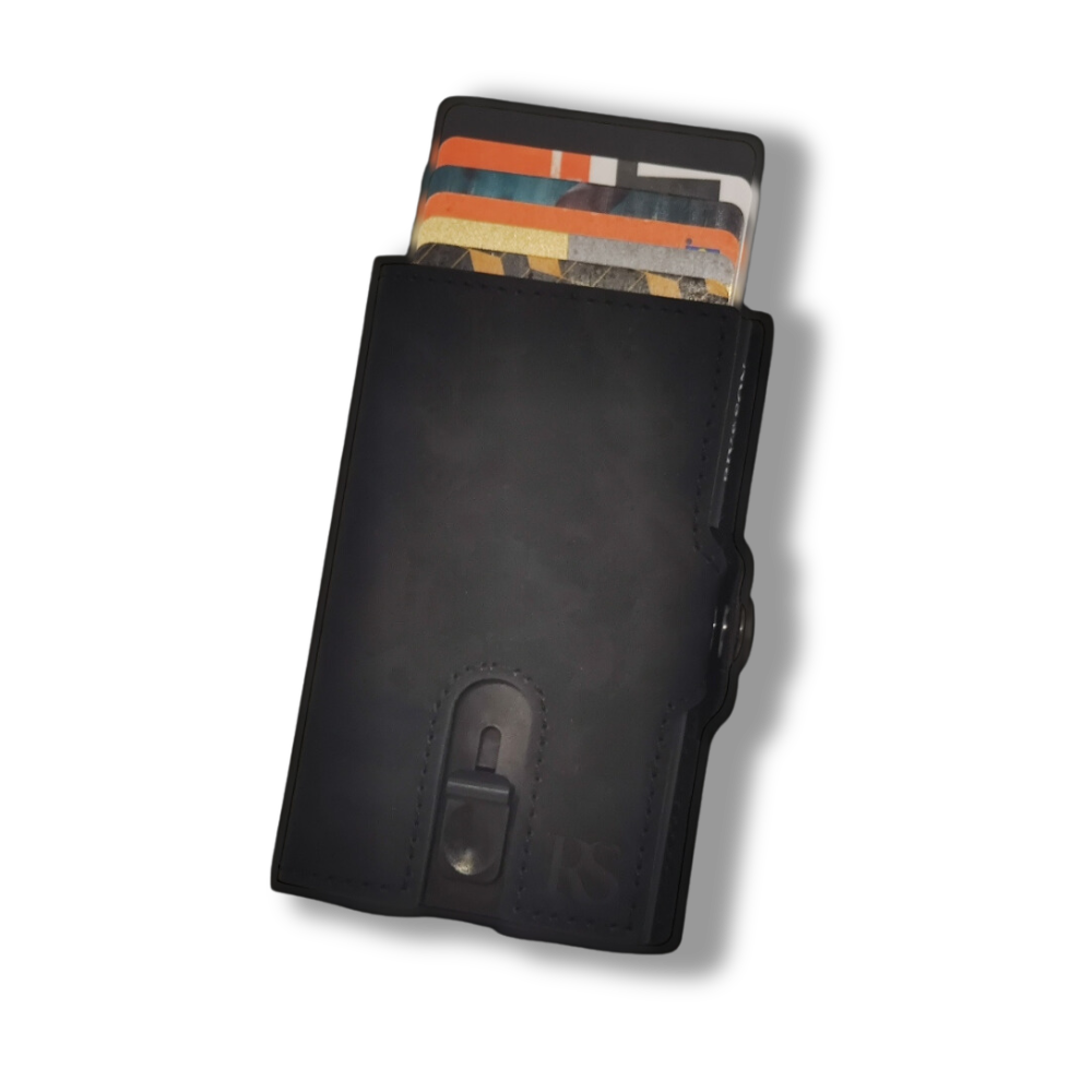 "BERLIN" Porte-cartes en Cuir Véritable Noir et aluminium.